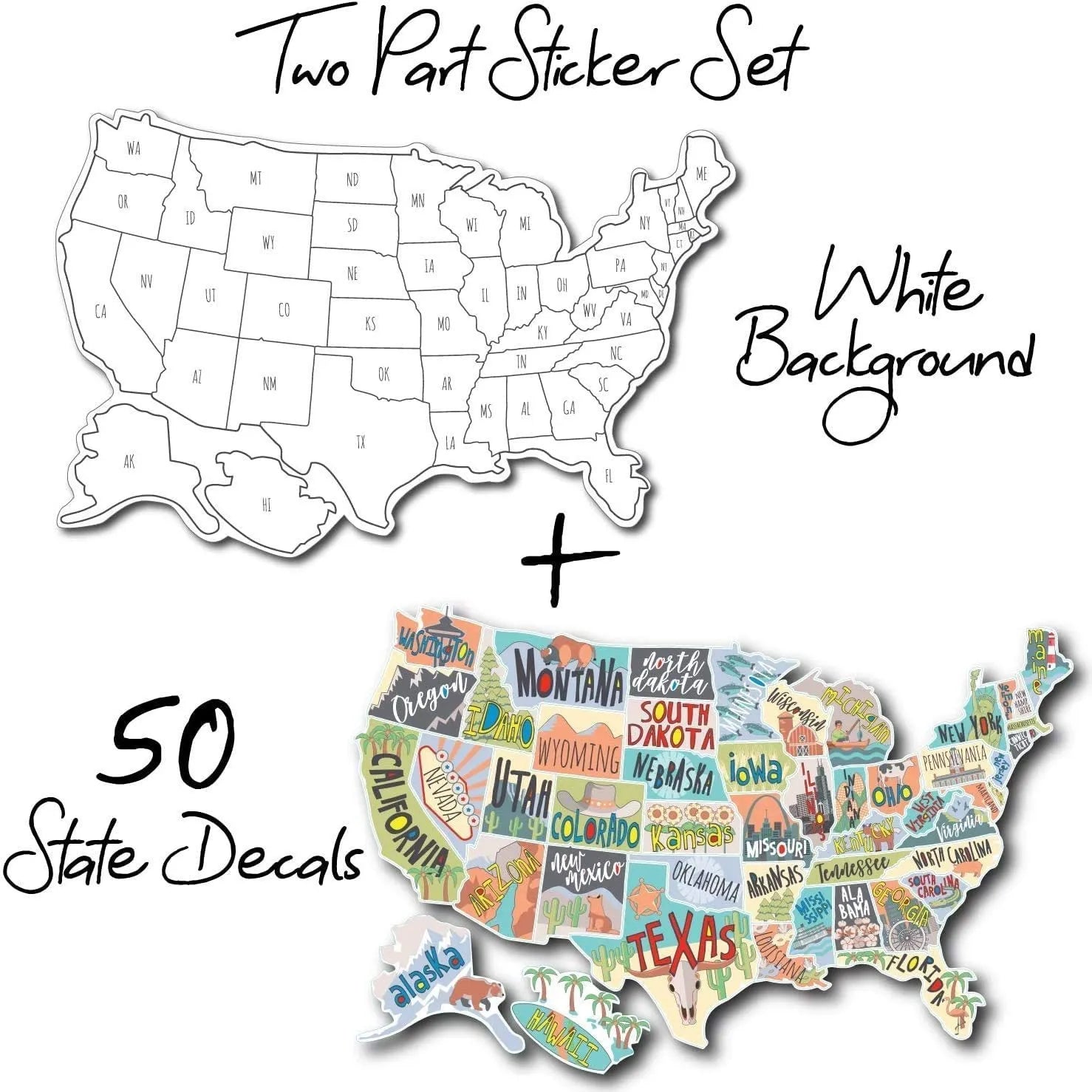 Travel and map themed letters design car body sticker set with white backing sheet.