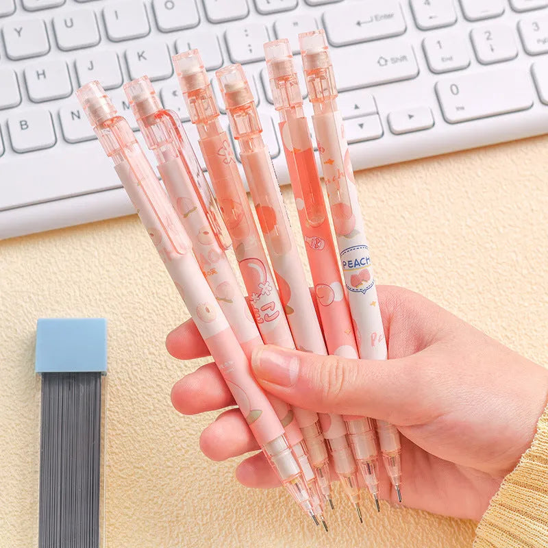 Automatic pencil press 0.5 no sharpening in peach colour with plastic casing and 100 refills