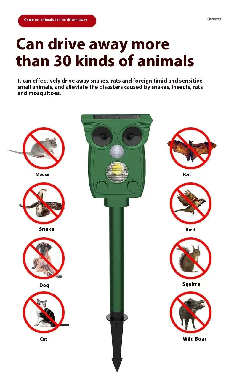 Dark green solar-powered infrared animal repeller with plastic body on grass