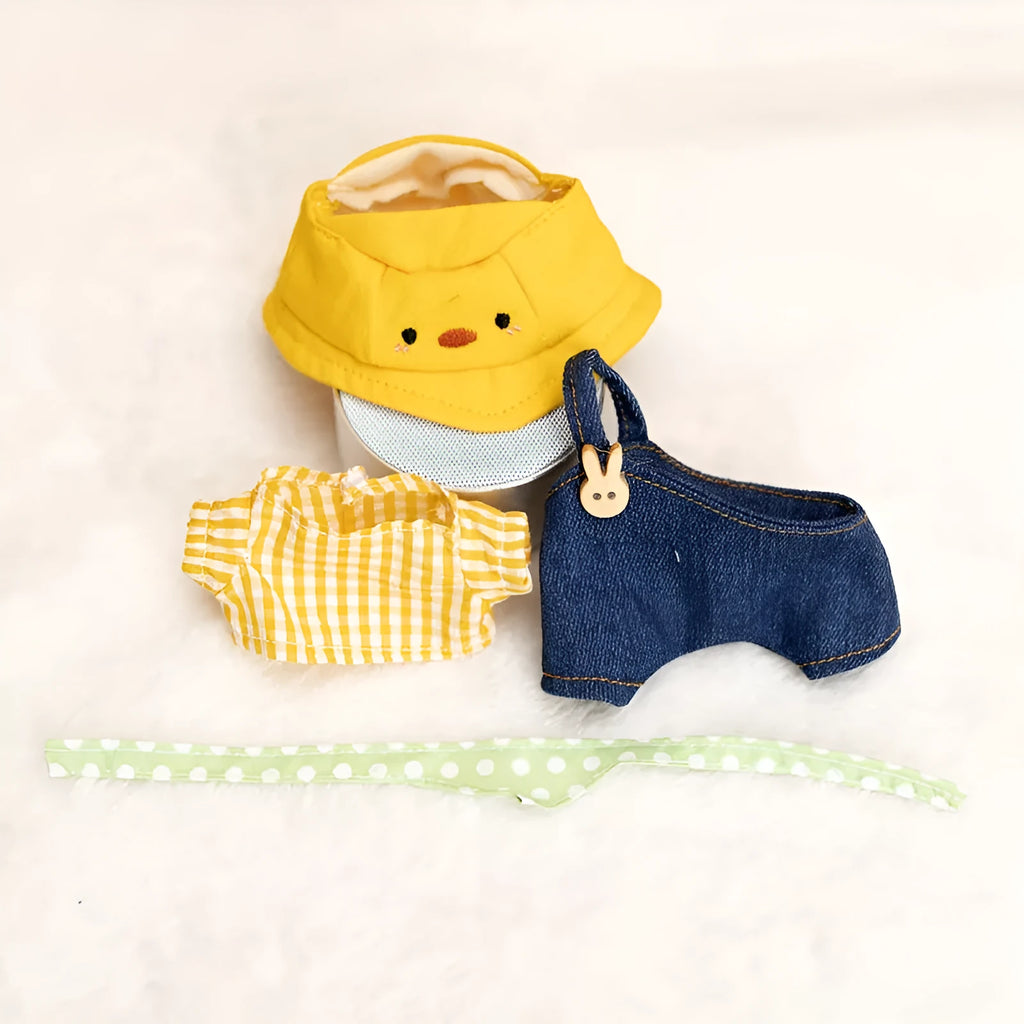 Small yellow duck plush doll wearing a hat, scarf, shirt, and suspender overalls, 17cm outfit set