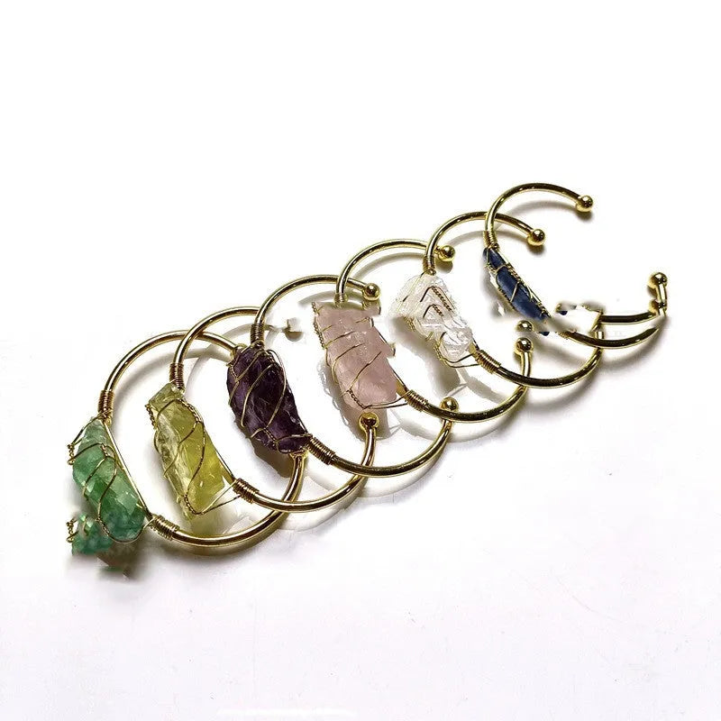Natural crystal rough stone bracelet with gold winding wire and geometric design