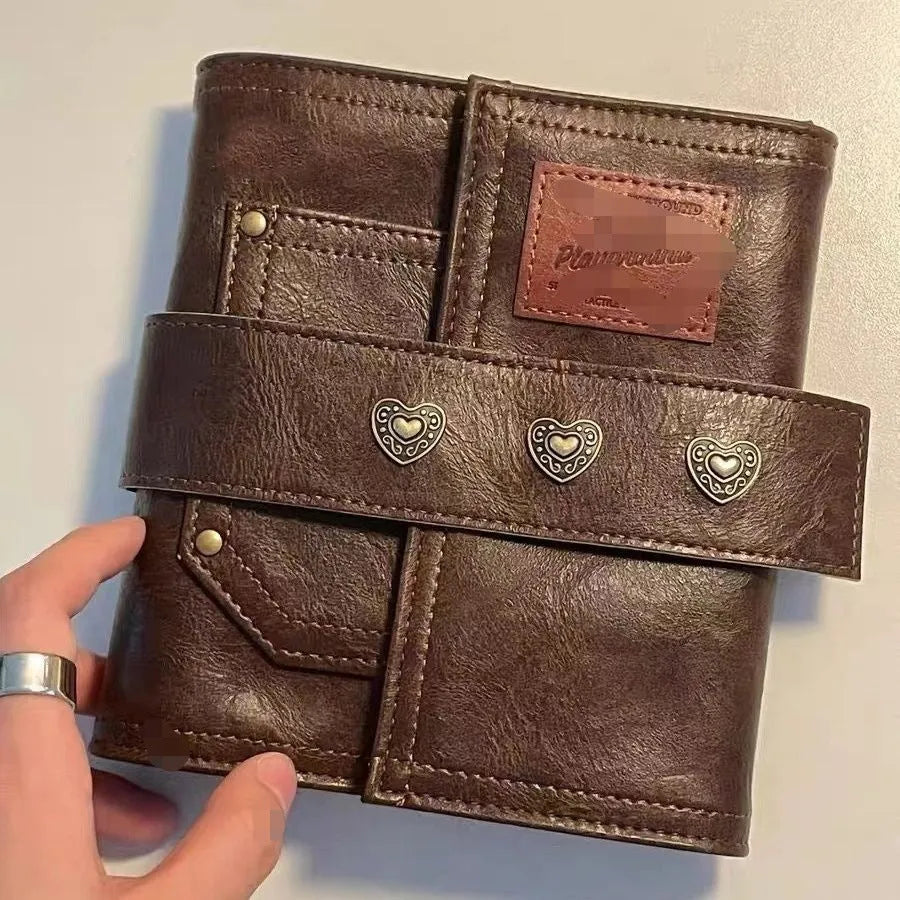 Brown retro leather buckle notebook with loose-leaf binding and PU cover
