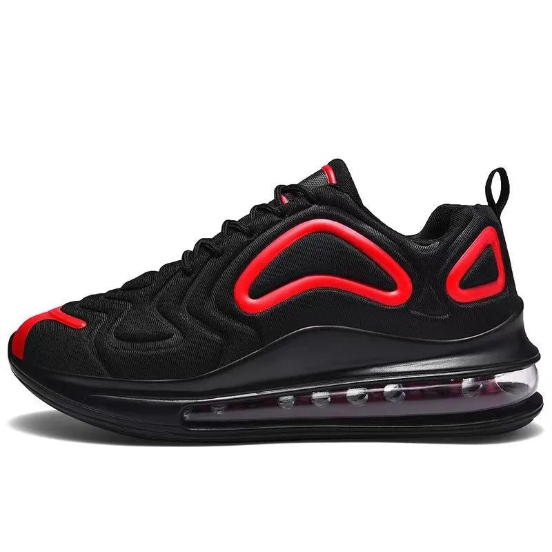 Men's black casual sneakers with a thick sole and lace-up design for running and sports.