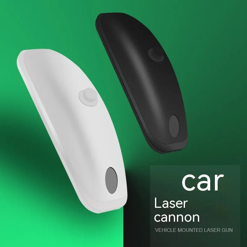 Remote control and compact black car strobe light with charging cable on a car dashboard