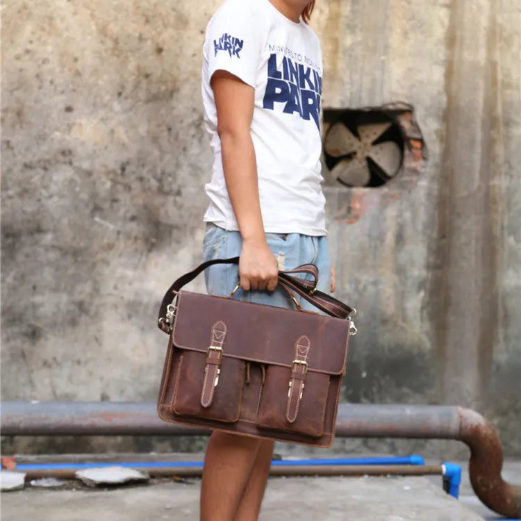 Small yellow brown Crazy Horse leather messenger bag for men with shoulder strap