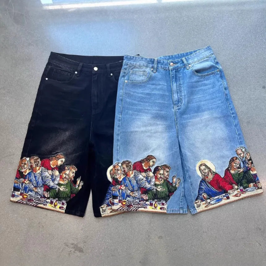 Blue men's cotton shorts with a Jesus design printed on the back pocket.