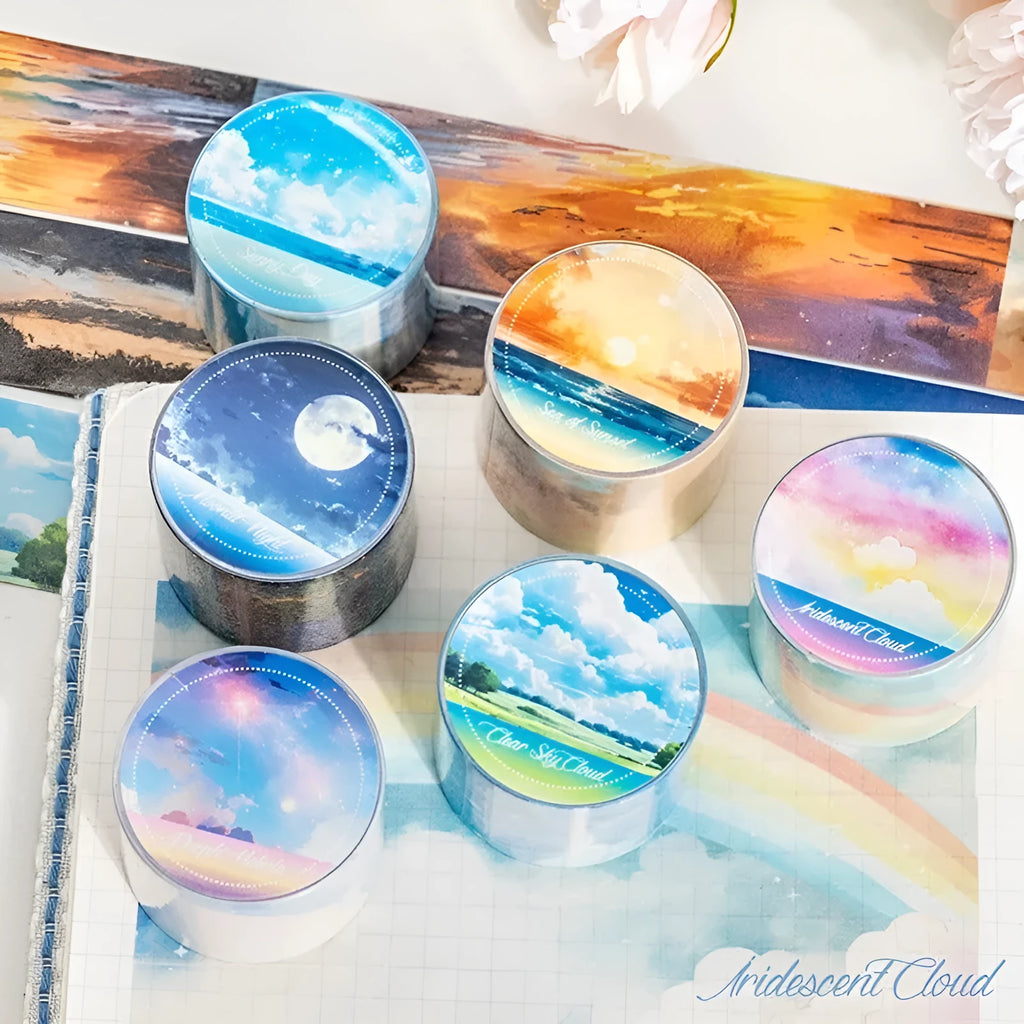Roll of Japanese paper decorative tape with sky patterns including clouds and nebula, showing 30mm width.