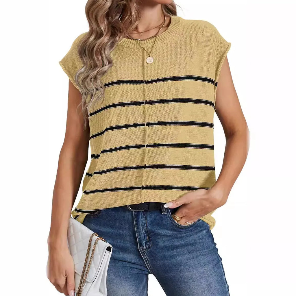 Women's striped sleeveless acrylic pullover vest in apricot colour on a hanger, showing bone stitching detail.