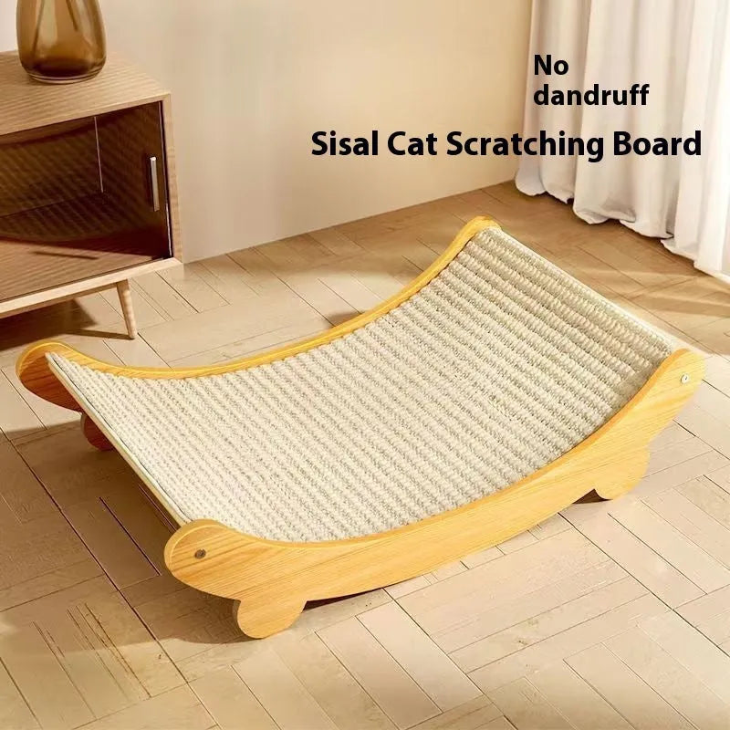 Beige sisal cat scratch board on a wooden floor.