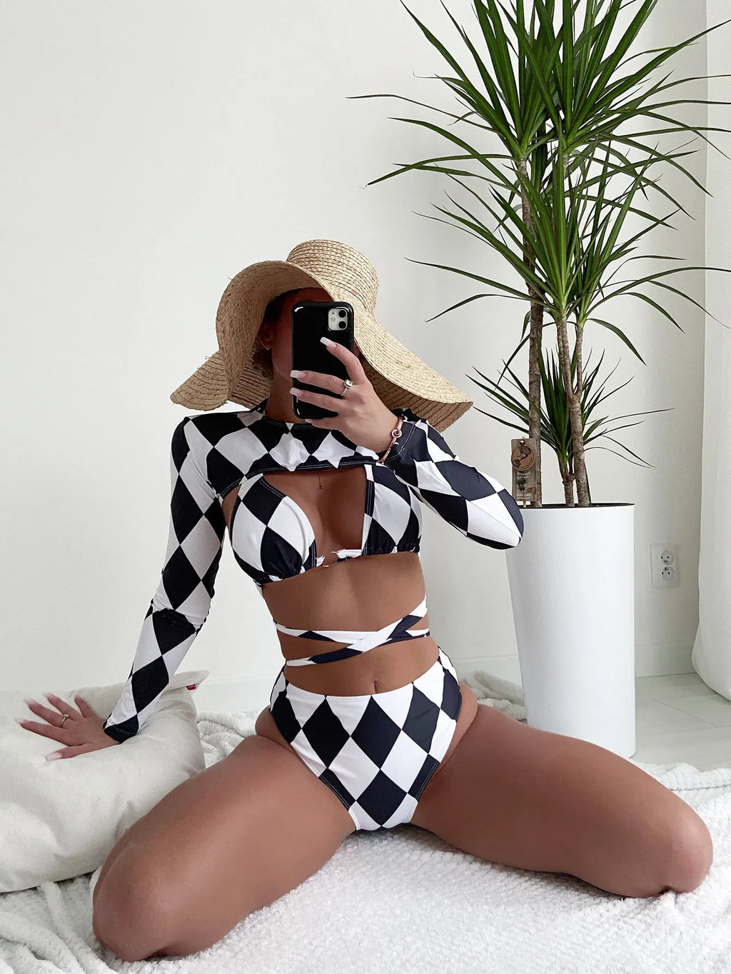 Ladies plaid pattern long sleeve three-piece swimsuit set for swimming