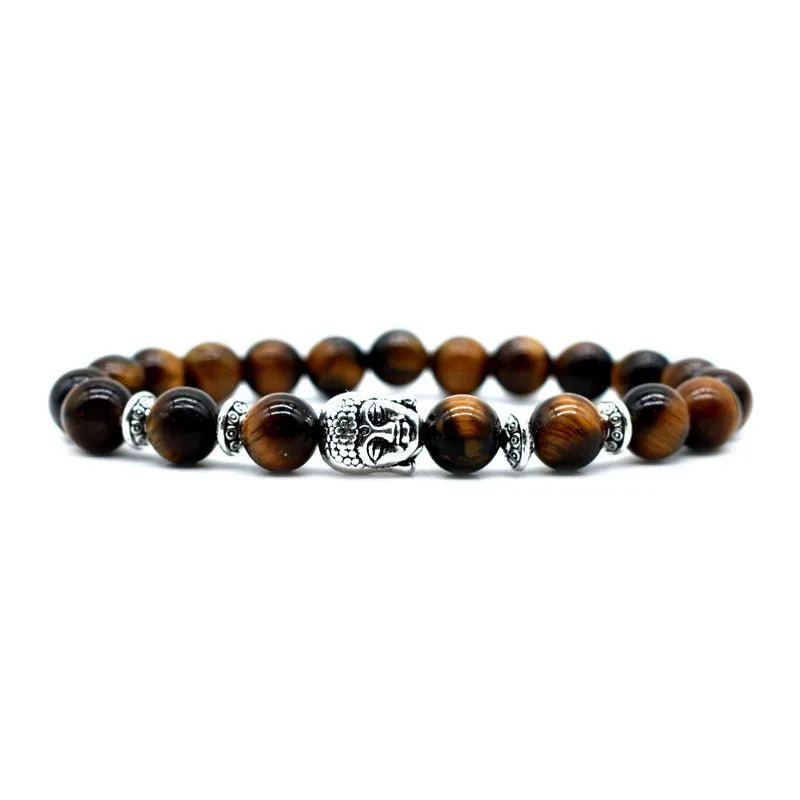 Tiger Eye stone Buddha head bracelet for men and women with amethyst gemstone accents.