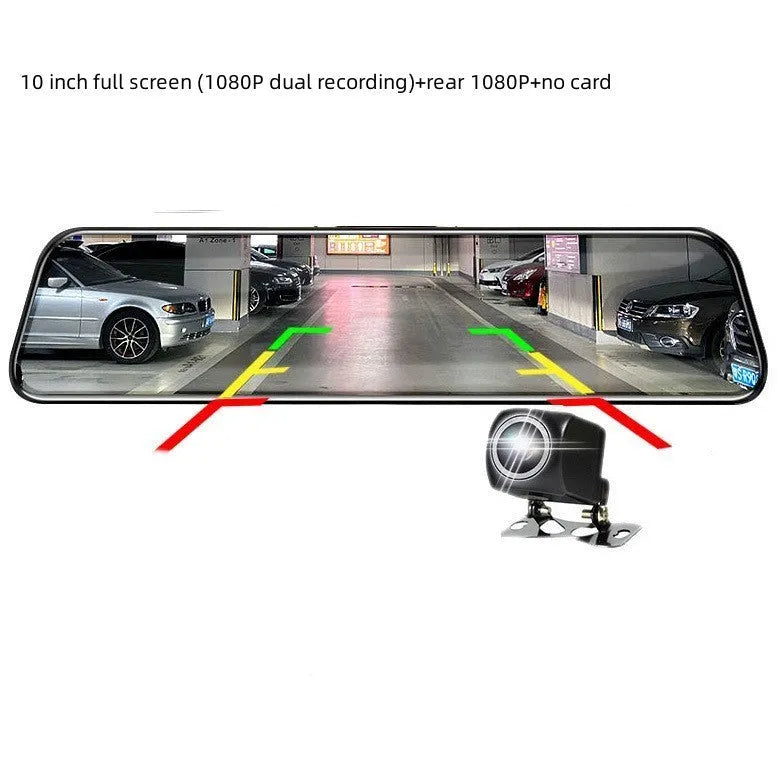 10-inch full screen dash cam with front and rear dual lens recording in 1080p, touch operation, and parking surveillance features.