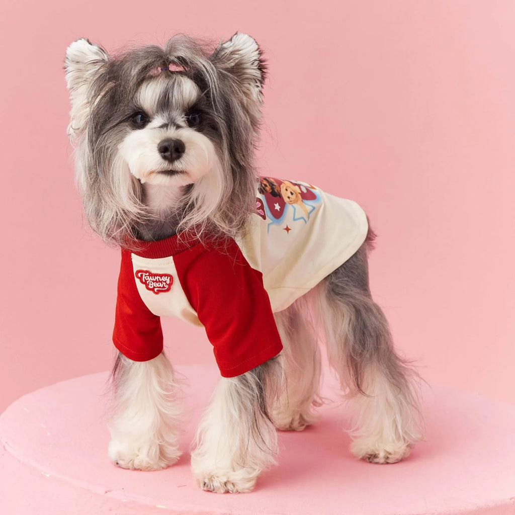 Cotton dog summer clothes in embroidered red and pink colours showing size range XS to XXL