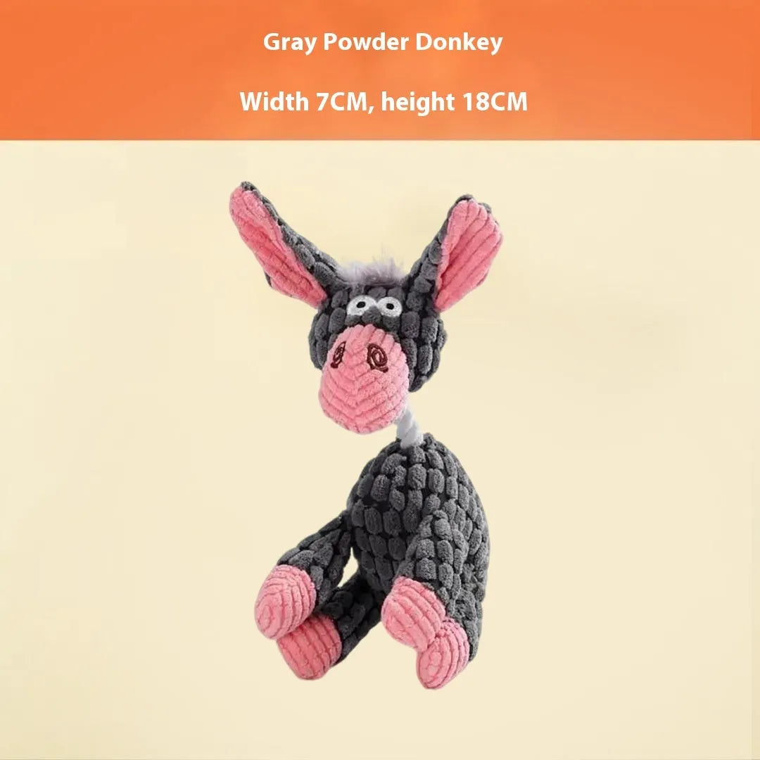 Assortment of soft plush pet toys: donkey, rechargeable duck, blue elephant, dizzy dog, and blink elephant.
