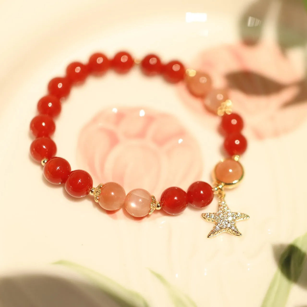 Handmade 8mm red agate star-shaped bracelet for women, ethnic style with Xiangyun design, sands orange finish