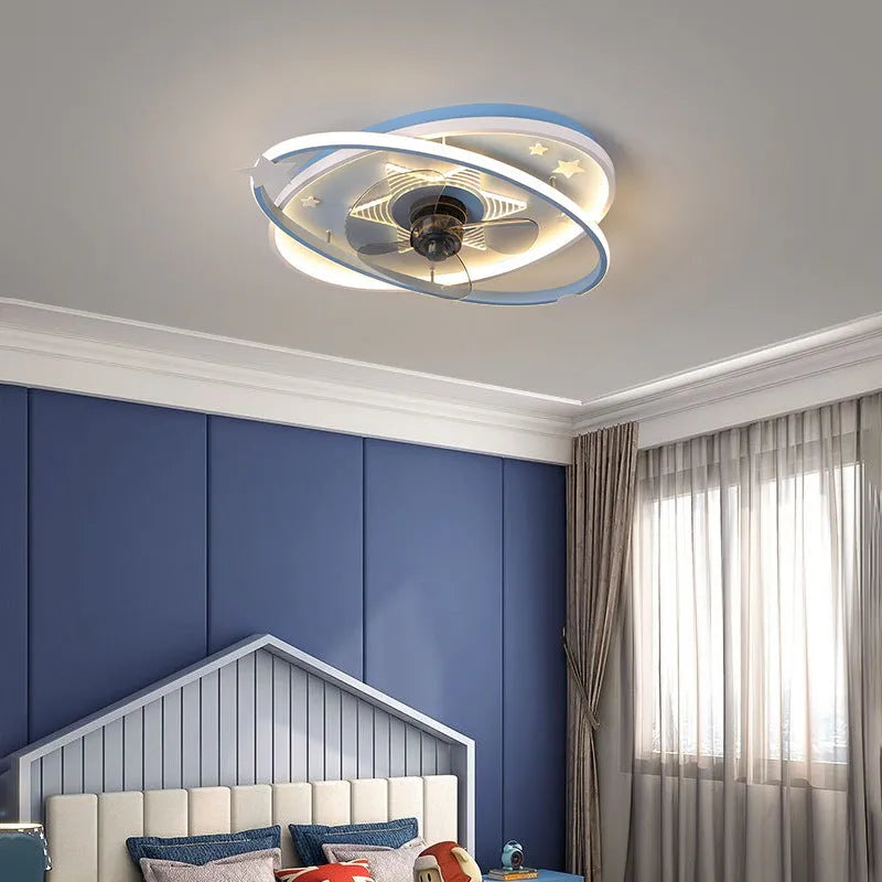 Modern blue children's bedroom ceiling fan with integrated tri-colour LED light and remote control.