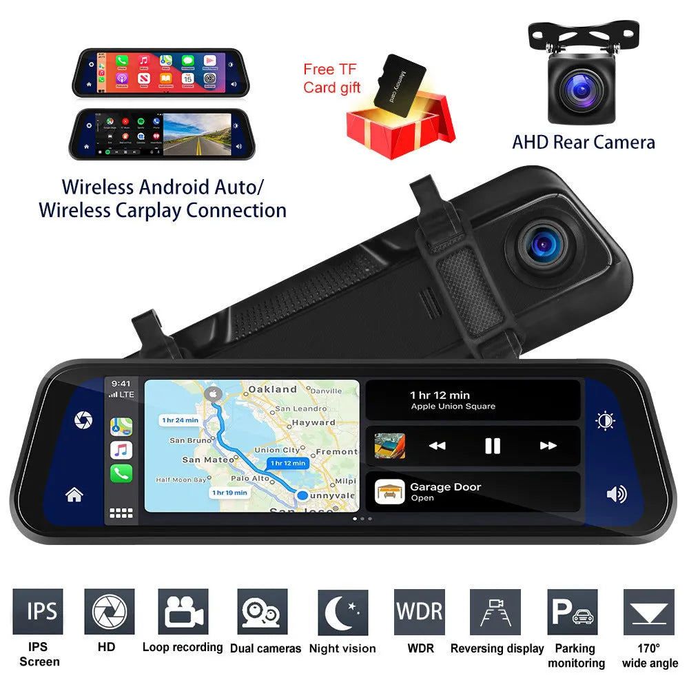 9.66-inch HD wired dashcam driving recorder with night vision, 160° wide angle, IP68 waterproof, and 64GB memory card