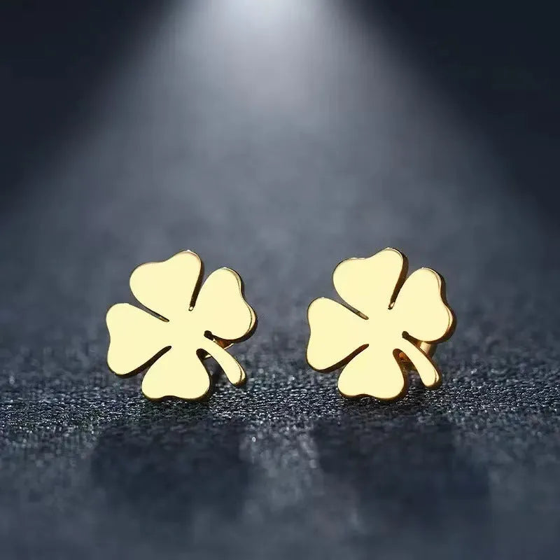 Stainless steel non-fading gold electroplated four-leaf clover earrings 10mm women's jewellery