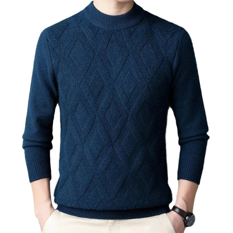 Men's thick wool blend diamond jacquard sweater in light camel colour showing texture detail