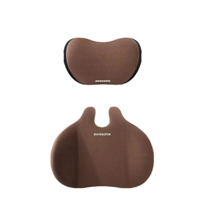Cow head style automotive headrest car pillow set with lumbar support, cloth, cotton filled, black colour