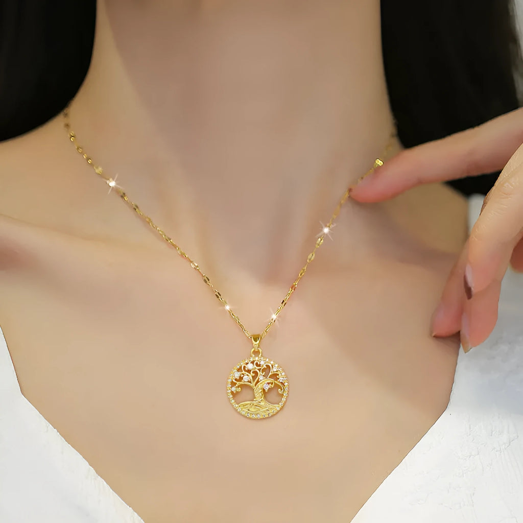 Gold-plated cross necklace with mother pearl pendant featuring zircon lucky tree design on adjustable chain