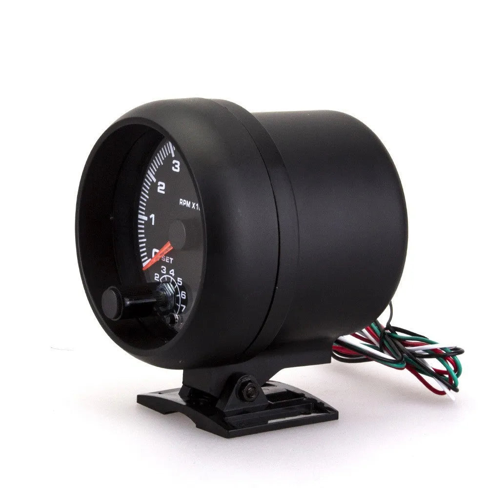 Black automotive tachometer with blue-lit pointer display measuring 95mm
