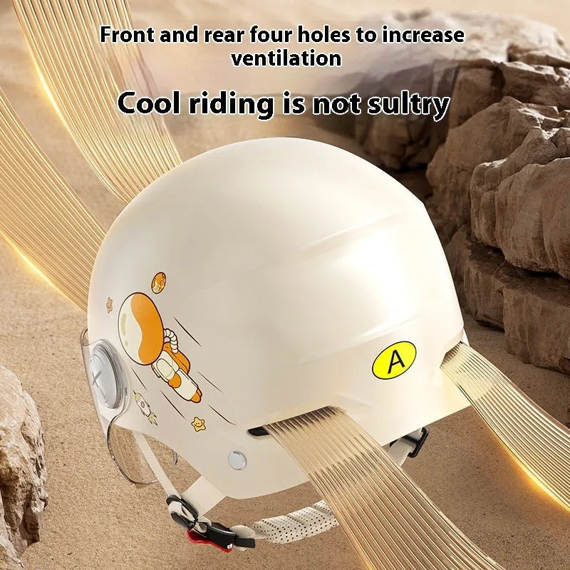 Khaki coloured ABS half helmet for electric motorcycles, shown with removable glasses attached.