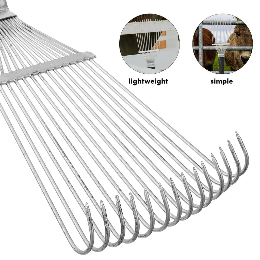 Black stainless steel dematting brush rake comb for dog and horse grooming, showing metal teeth and handle.