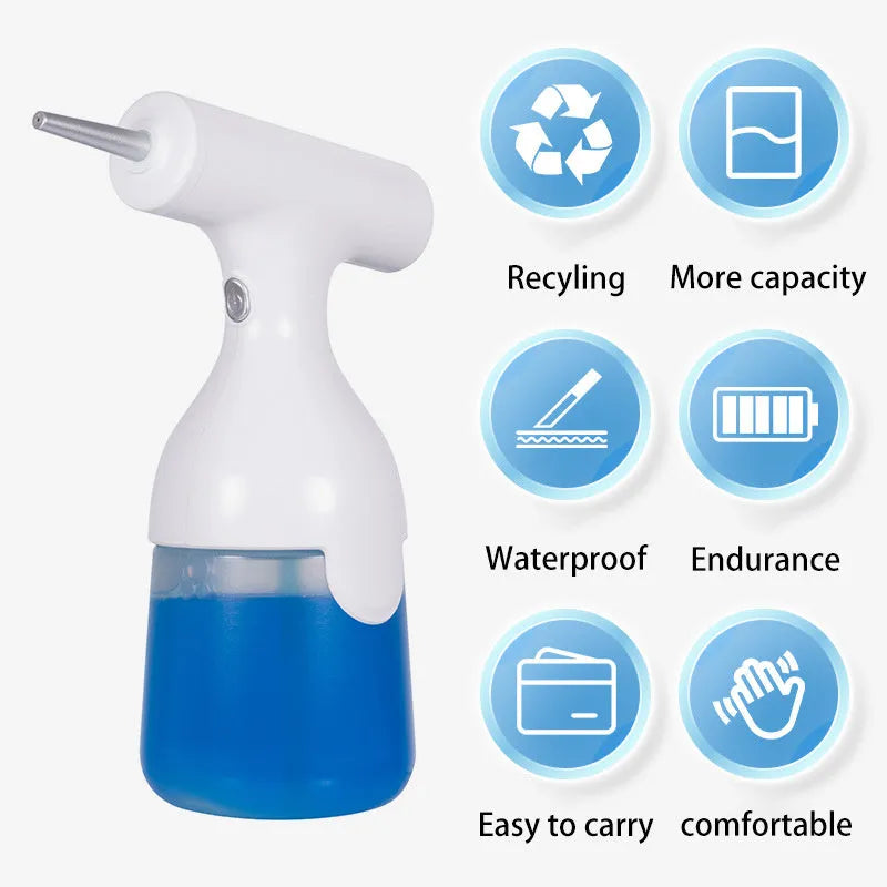 White electric foam soap dispenser gun with 350ml capacity and IPX5 waterproof design on bathroom counter