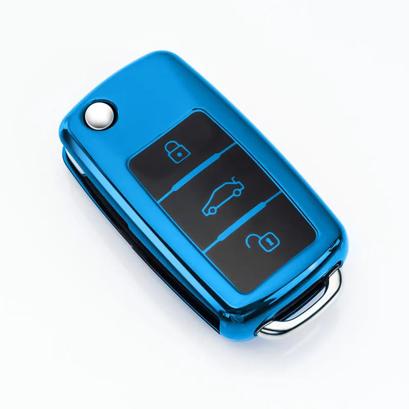 VW Model A folding car key case in TPU material with buckle closure in silver, blue, pink, and red colours