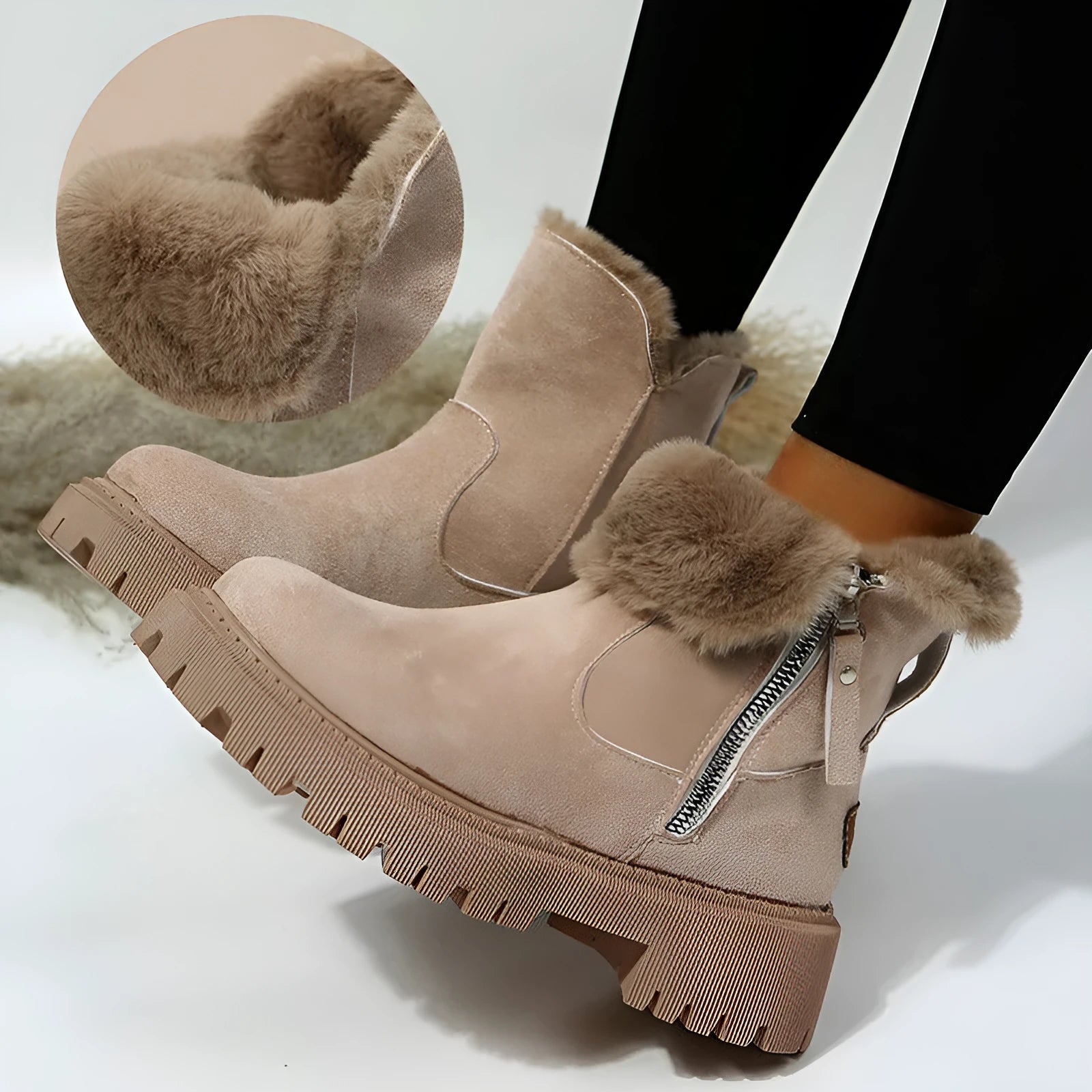 Women's black high-top snow boots with faux suede upper, side zipper, and thick plush lining.