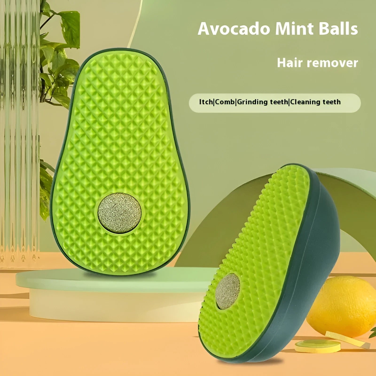 Avocado petting post cat scratch toy in green, made from ABS and TPR, 13.5 x 8.5 x 6 cm