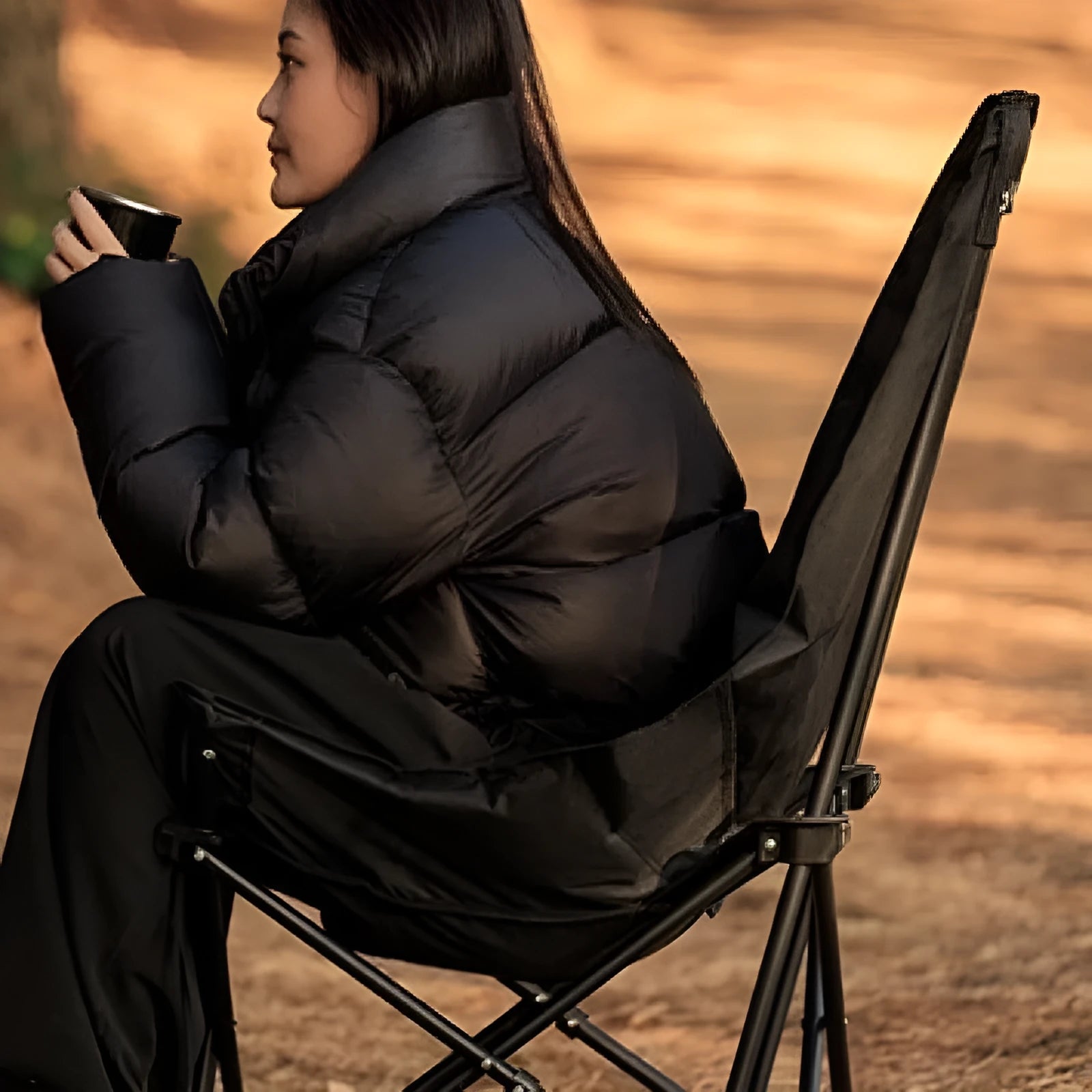Night black folding moon chair with Oxford cloth seat folded flat for storage