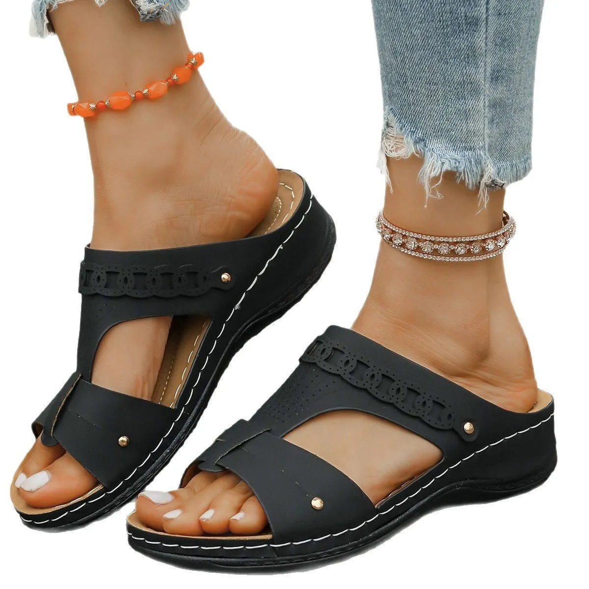 Roman style slope heel slippers with fish mouth toe design in PU leather and rubber sole
