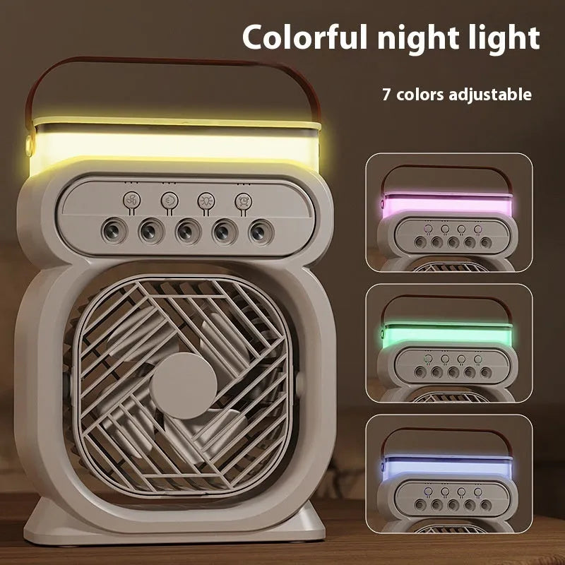 3 in 1 portable evaporative air cooler with LED night lights and USB cable on desk