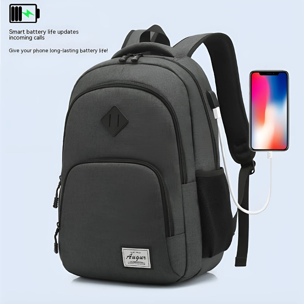 Grey nylon backpack with USB charging port and trolley case sleeve