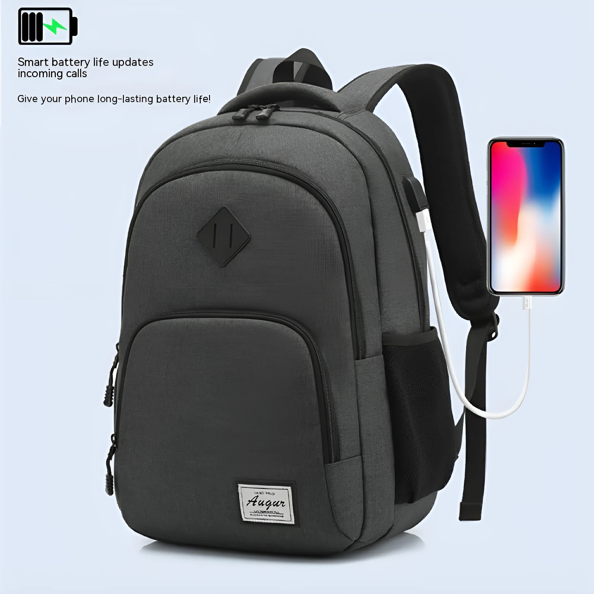 Grey nylon backpack with USB charging port and trolley case sleeve