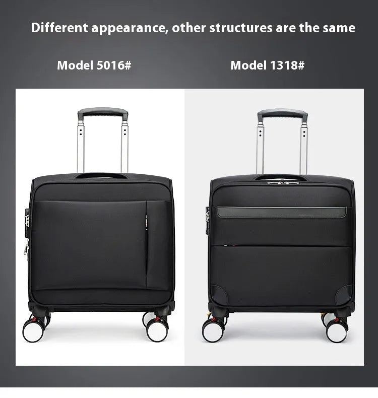 Black 18-inch Oxford cloth carry-on luggage with universal wheels and retractable handle