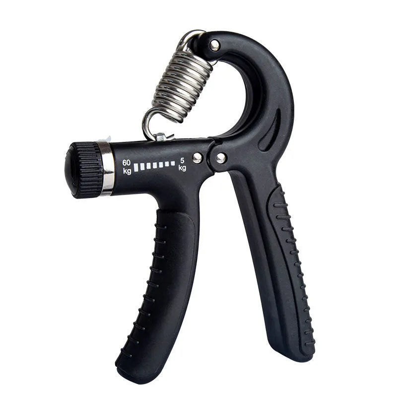 Adjustable counting hand gripper with black handles and built-in mechanical counter on a white background