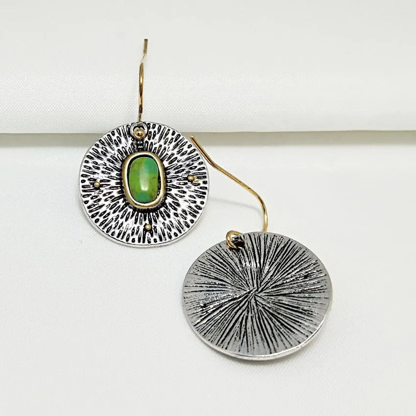 Retro creative turquoise colour separation earrings in antique silver alloy, electroplated finish, old money style