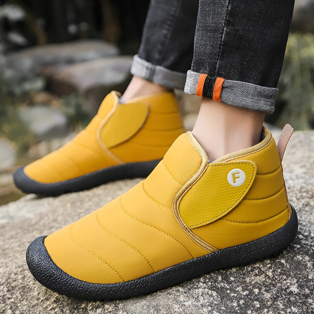 Men's waterproof cotton snow boots with non-slip rubber sole and plush lining in black, blue, green, and yellow.
