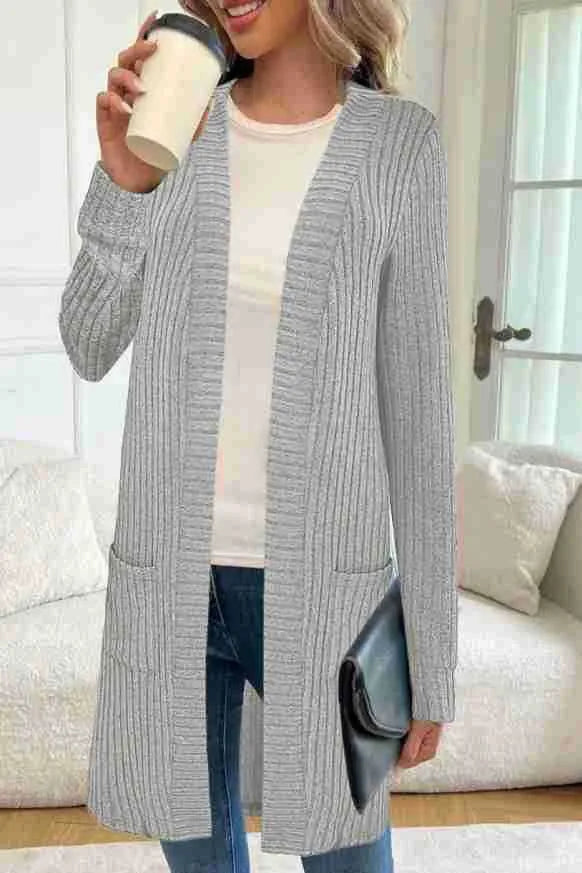 Loose fit knitted cardigan jacket in black colour with long sleeves and open front design
