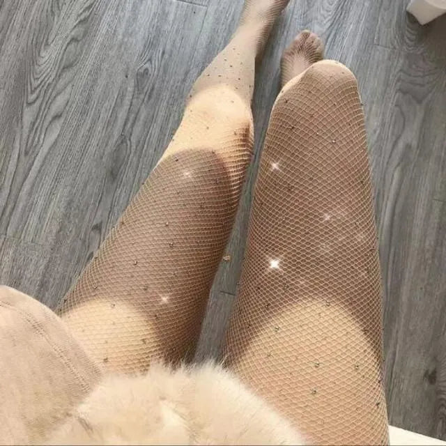 Women's fishnet stockings diamond mesh pattern nylon fabric skin colour black white options