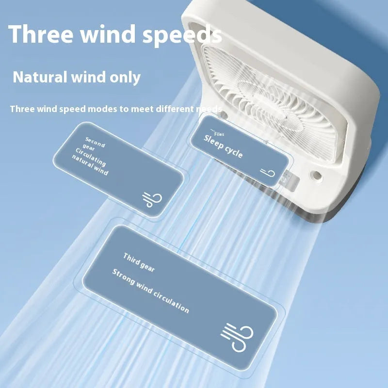 White USB rechargeable cooling fan with three-spray nozzle humidifier and adjustable head