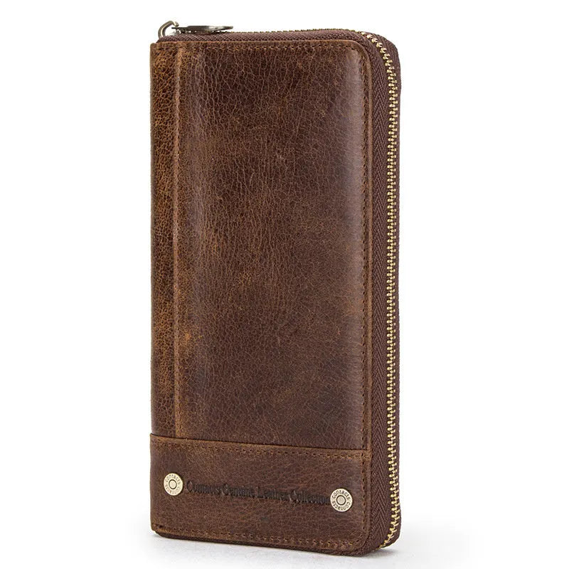 Cowhide anti-theft swiping men's long genuine leather zipper wallet in brown with visible stitching and zipper