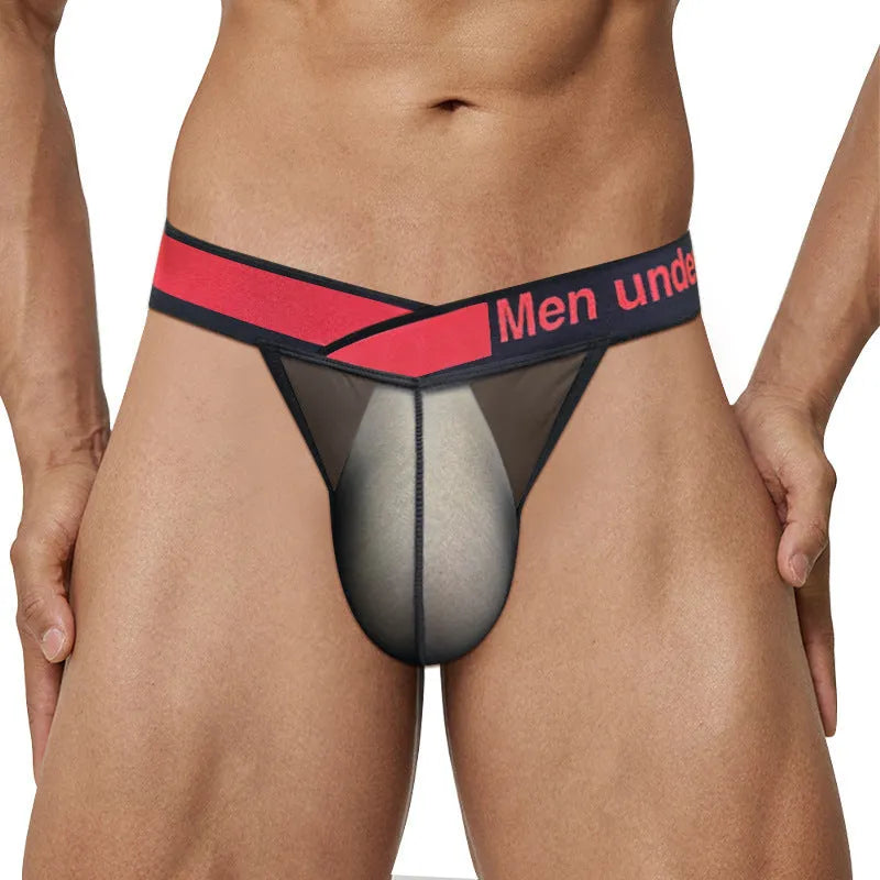 Men's ice silk nylon underwear briefs in a V-cut high leg design on a low waist, shown in red colour.