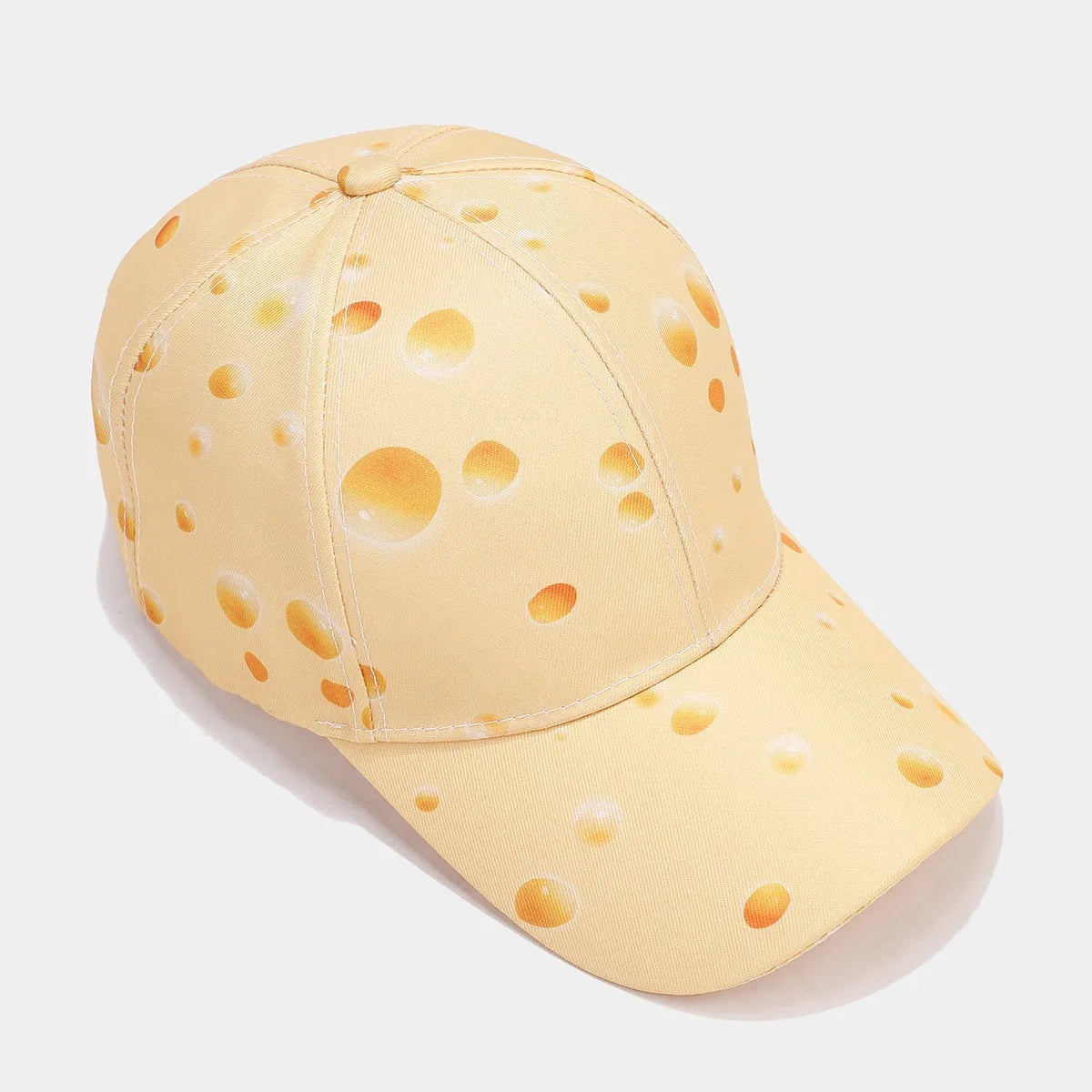 Full printed cheese pattern polyester peaked cap with adjustable size and dome crown