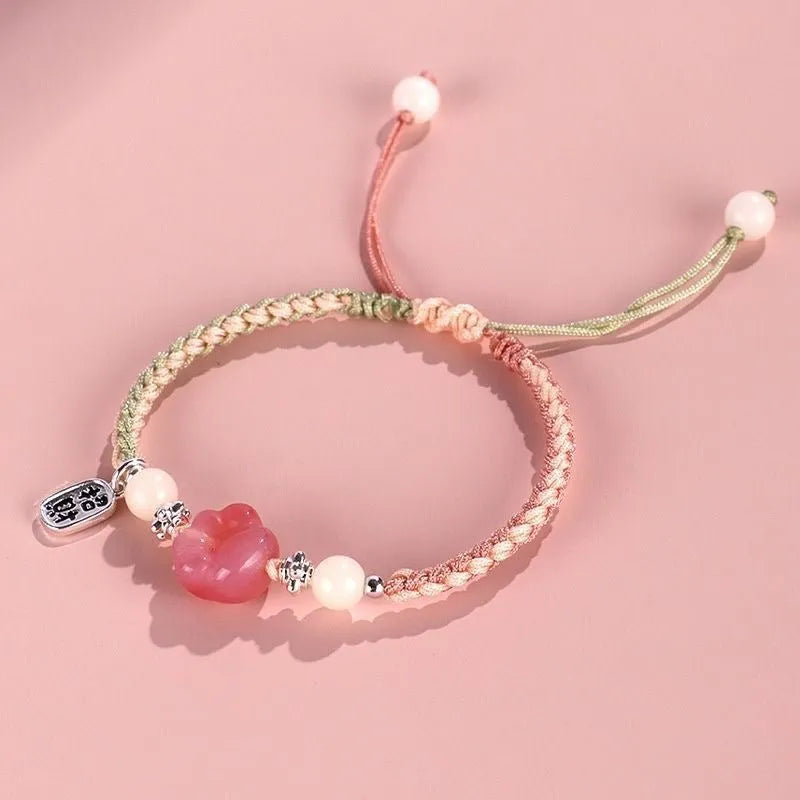 Handmade cat's paw bracelet for couples in glass coloured glaze, woven pastoral style, pink colour option