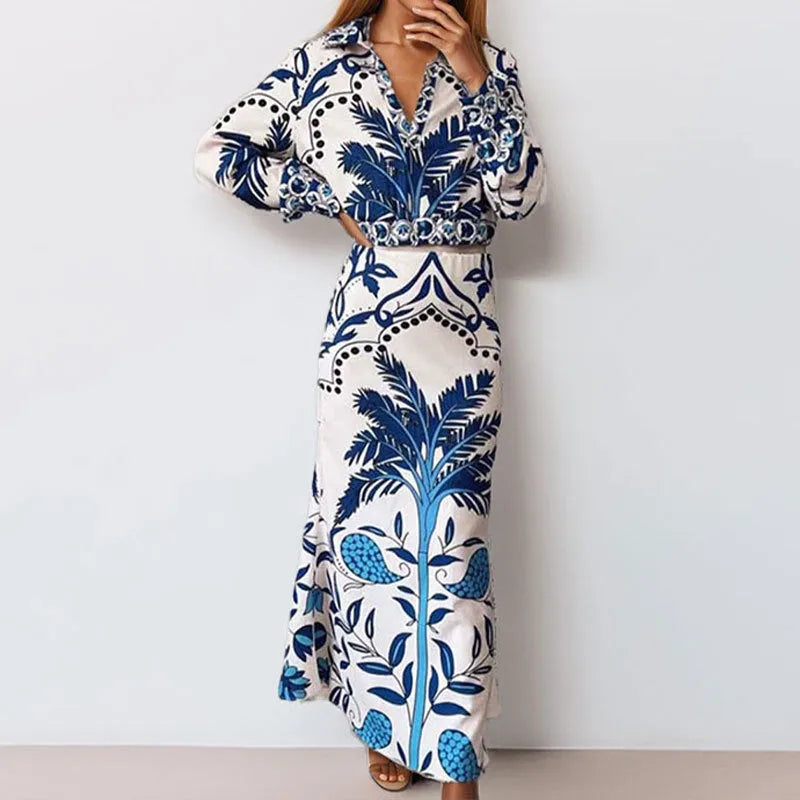 Women's casual two-piece co-ord set with long sleeves and long skirt in polyester fabric