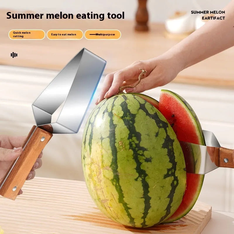 Natural colour 430 stainless steel triangle watermelon splitter with protective cover on a light background